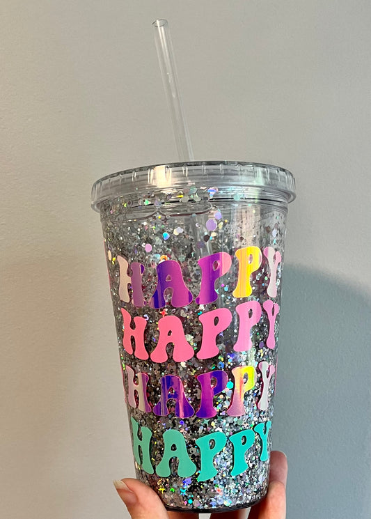 Happy Snow Globe Plastic Tumbler (Suspended Flow)