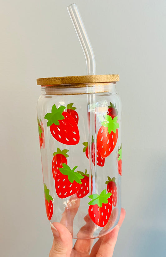 Strawberry Fields Glass Can Cup