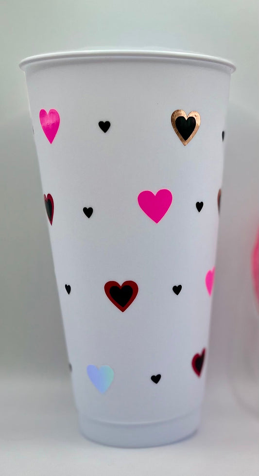 White with Pink/Black Hearts Cold Cup Tumbler