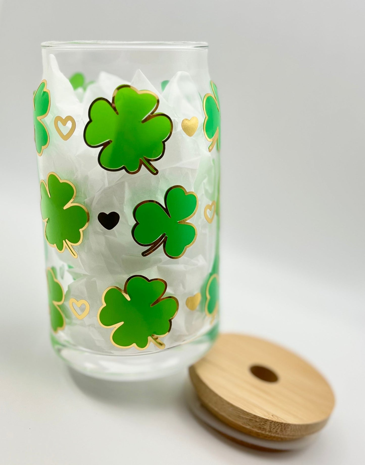 Green and Gold Clovers Glass Can Cup