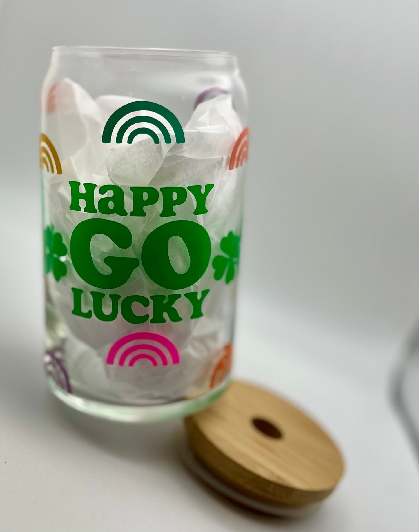 Happy Go Lucky Glass Can Cup
